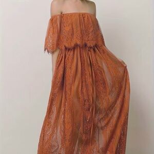 Orange Lace Off-Shoulder Maxi Dress